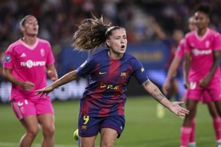 Claudia Pina Medina of FC Barcelona celebrates a goal during the Spanish Women league, Liga F, football match played between FC Barcelona and Granada CF at Johan Cruyff Stadium on October 19, 2025 in Sant Joan Despi, Barcelona.