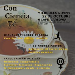 Cartel del ciclo de charlas breves 'ConCiencia, Té', que comenzará este miércoles en el Café Varsovia de León capital.
