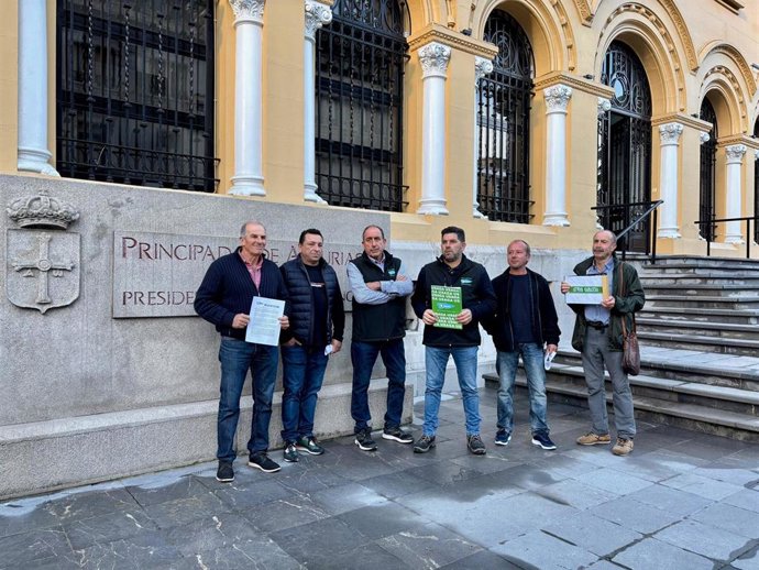 Representantes del sindicato USAGA y de Asturias Ganadera anuncian sus próximas acciones de protesta "por la situación que atraviesa el campo asturiano". Frente a Presidencia.