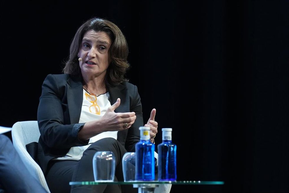La vicepresidenta de la Comisión Europea, Teresa Ribera, durante la segunda edición del foro 'World in Progress', en el Palau de Congressos de Catalunya.
