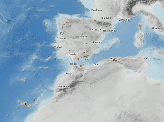 Mapa del IGN con zonas donde se producen terremotos