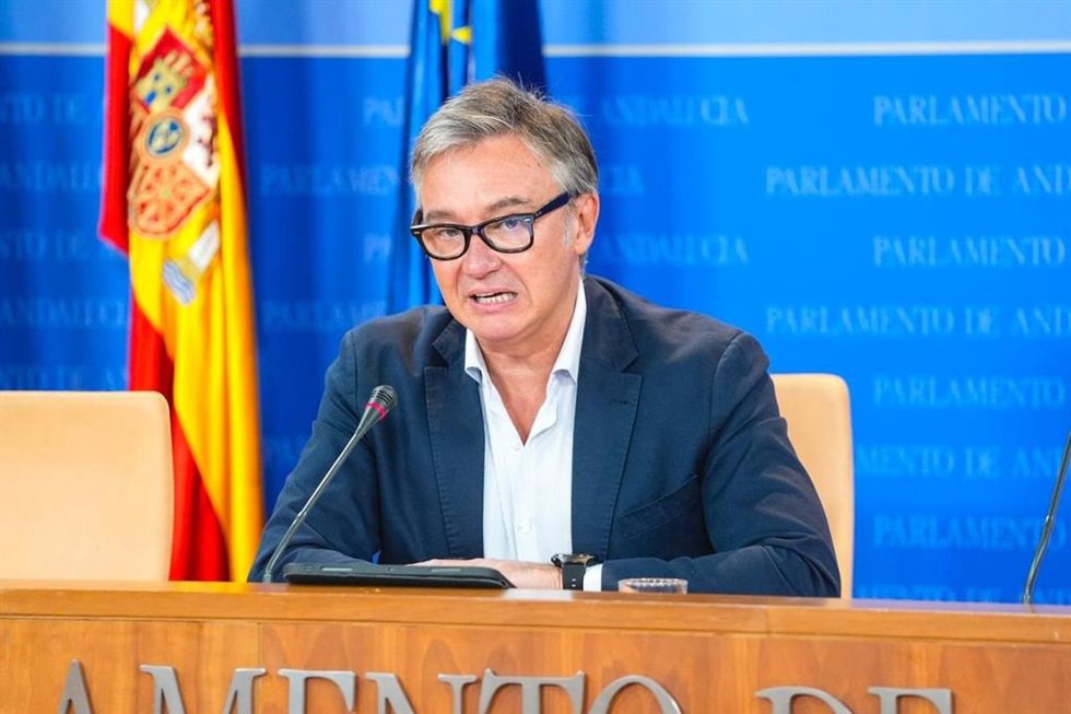 El portavoz de Vox en el Parlamento andaluz, Manuel Gavira, en rueda de prensa. (Foto de archivo).