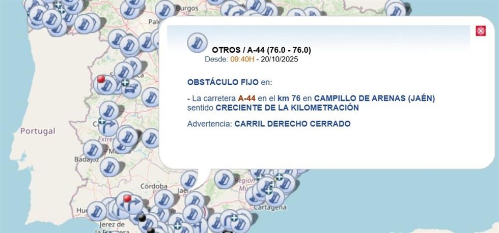 Incidencia en la A-44 recogida en la página web de la DGT.