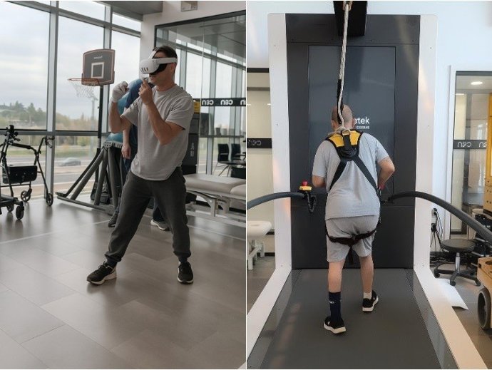 De izquierda a derecha: Rodrigo realizando terapia intensiva con realidad virtual, y Samuel durante una sesión de rehabilitación intensiva con la tecnología C-Mill RV.