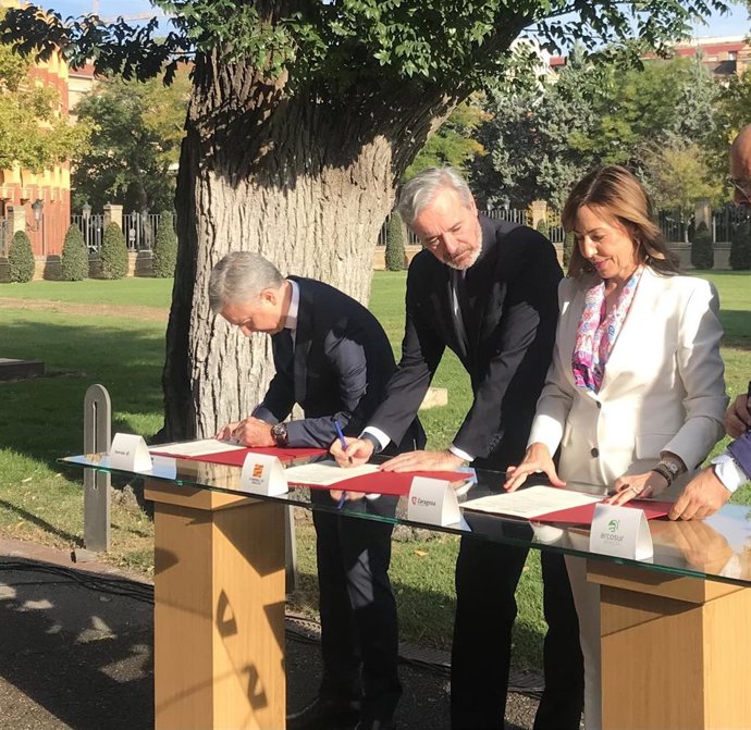 El presidente del Gobierno de Aragón, Jorge Azcón; y la alcaldesa de Zaragoza, Natalia Chueca, en la firma del protocolo de Arcosur