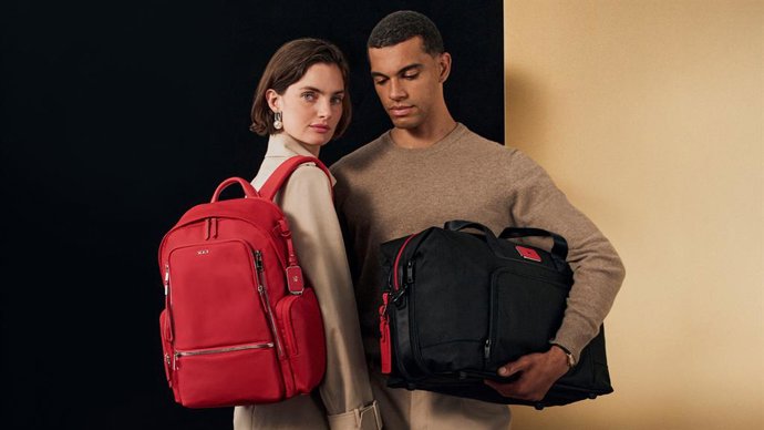 Voyageur Celina Backpack in TUMI Red, Alpha Double Expansion Travel Satchel in Red and Black Colorway
