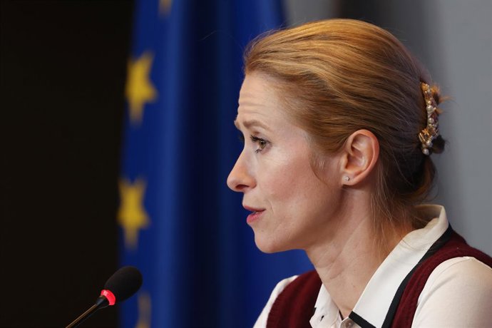 A Alta Representante para Política Externa da União Europeia, Kaja Kallas, na coletiva de imprensa após a reunião dos ministros das Relações Exteriores da UE.