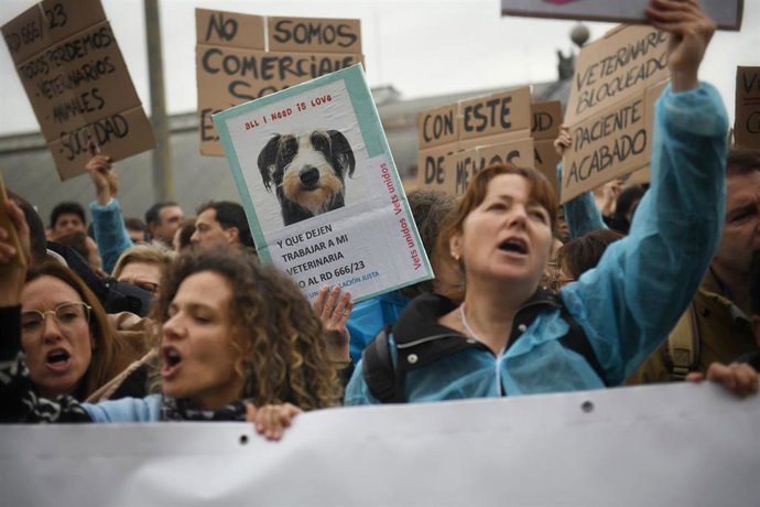 Archivo - Varias personas con carteles durante una concentración de veterinarios por la polémica de la ley de medicamentos, frente al Ministerio de Agricultura, a 5 de marzo de 2025, en Madrid (España). 