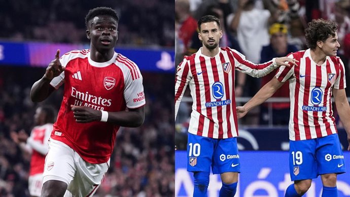 El futbolista del Arsenal Bukayo Saka celebra un gol (izquierda), y los jugadores del Atlético de Madrid Álex Baena y Julián Álvarez festejan el triunfo ante Osasuna.