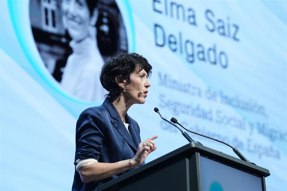 La ministra de Inclusión, Seguridad Social y Migraciones, Elma Saiz, interviene durante la segunda edición del foro 'World in Progress', en el Palau de Congressos de Catalunya, 20 de octubre de 2025, en Barcelona, Catalunya (España). Prisa organiza la s