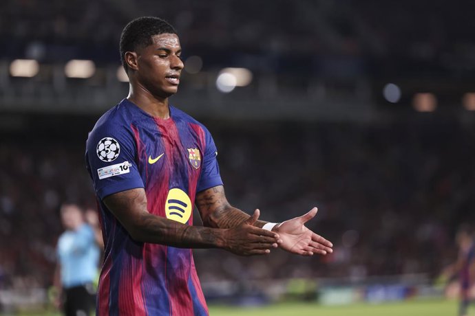 Marcus Rashford of FC Barcelona gestures during the UEFA Champions League 2025/26 League Phase MD2, match between FC Barcelona and Paris Saint-Germain at Estadi Olimpic Lluis Companys on October 01, 2025 in Barcelona, Spain.