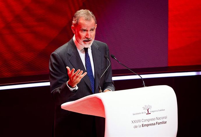 El Rey Felipe VI durante la inauguración del XXVIII Congreso Nacional de la Empresa Familiar en el Fórum Evolución Burgos, a 20 de octubre de 2025, en Burgos.