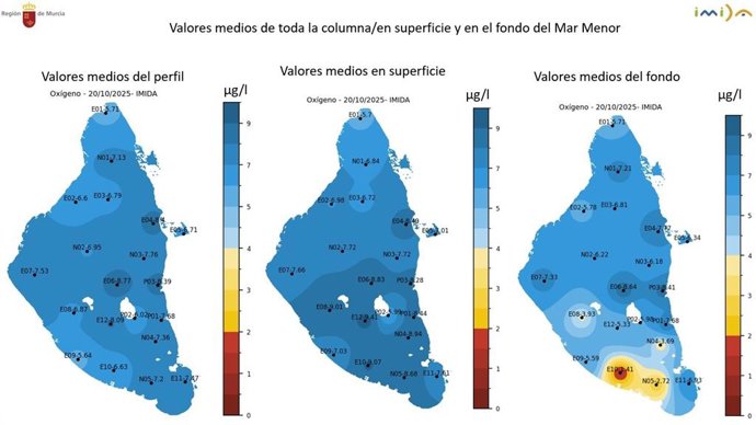 Mapa de oxígeno del Mar Menor a 20 de octubre de 2025