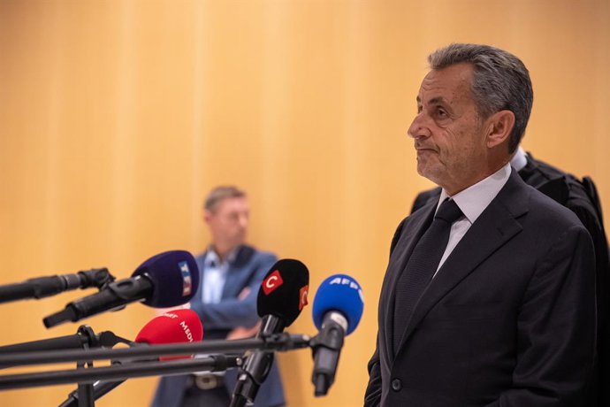 PARIS, Sept. 25, 2025  -- Former French President Nicolas Sarkozy speaks to the media after the verdict of his trial in Paris, France, Sept. 25, 2025. Former French President Nicolas Sarkozy was sentenced on Thursday to five years in prison with a deferre