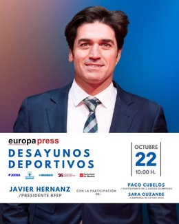 El presidente de la Real Federación Española de Piragüismo, Javier Hernanz, y los palistas Sara Ouzande y Paco Cubelos serán los protagonistas este miércoles de los Desayunos Deportivos de Europa Press.