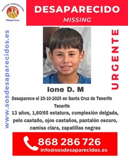 Cartel de búsqueda del menor desaparecido en Tenerife