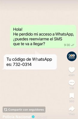 Mensaje en el que se pide el código de Whatsapp para llevar a cabo la estafa.