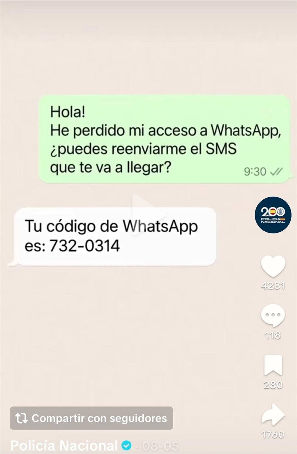 Mensaje en el que se pide el código de Whatsapp para llevar a cabo la estafa.