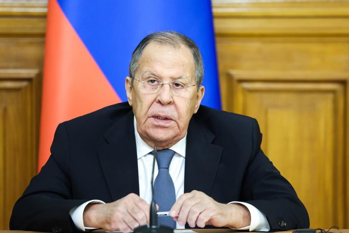 RUSSIA, MOSCOW - OCTOBER 21, 2025: Russia's Foreign Minister Sergei Lavrov gives a press conference following a meeting with Ethiopia's Foreign Minister Gedion Timotheos at the Russian Foreign Ministry's Reception House