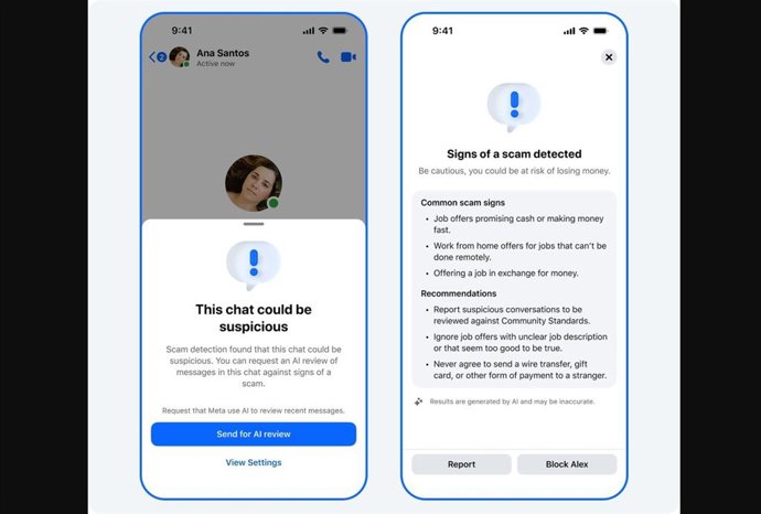 Nuevas funciones de alerta de estafas en Facebook y WhatsApp.