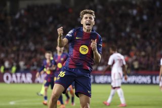 Fermin Lopez of FC Barcelona celebrates a goal during the UEFA Champions League 2025/26 League Phase MD3 match between FC Barcelona and Olympiacos FC at Estadi Olimpic Lluis Companys on October 21, 2025 in Barcelona, Spain.