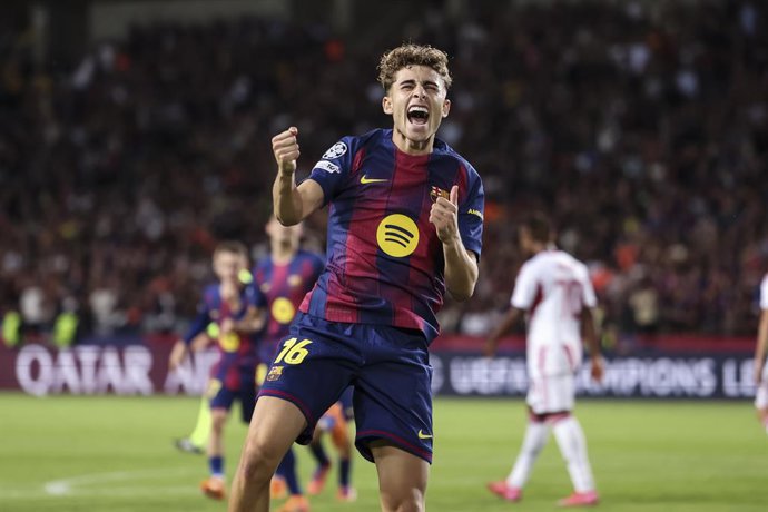 Fermin Lopez of FC Barcelona celebrates a goal during the UEFA Champions League 2025/26 League Phase MD3 match between FC Barcelona and Olympiacos FC at Estadi Olimpic Lluis Companys on October 21, 2025 in Barcelona, Spain.