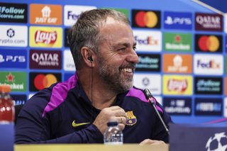 Hansi Flick, head coach of FC Barcelona, attends his press conference during the training day of FC Barcelona ahead the UEFA Champions League 2025/26, football match against Olympiacos at Ciudad Esportiva Joan Gamper on October 20, 2025 in Sant Joan Despi