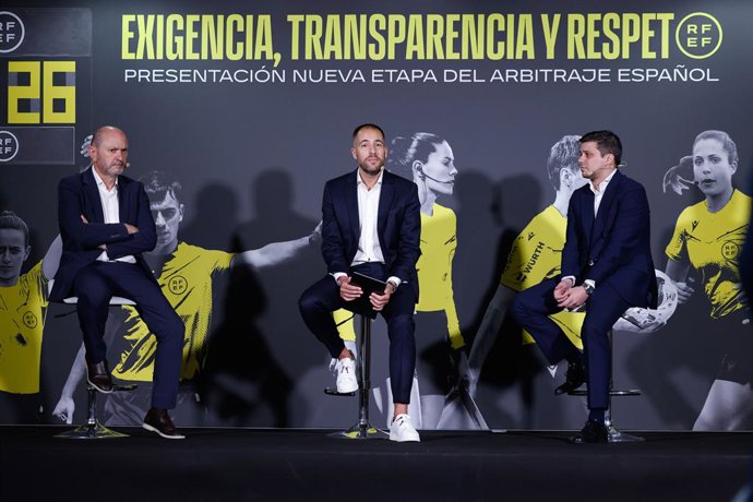 Archivo - Rafael Louzan, President of the Royal Spanish Football Federation, Alvaro de Miguel and Francisco Soto, New President of the Technical Committee of Referees of the RFEF, attend during the presentation of the new stage of Spanish Arbitration and 