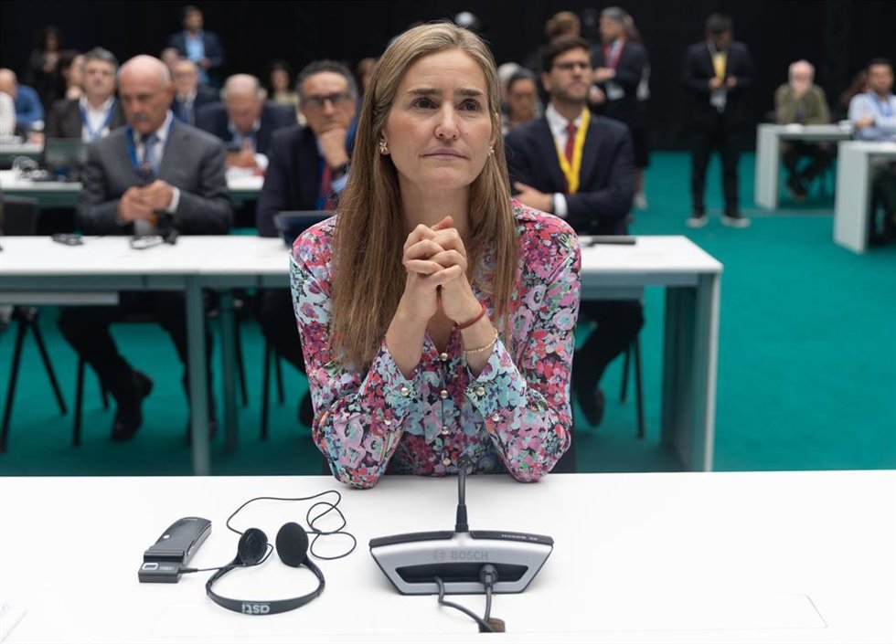 La vicepresidenta tercera y ministra para la Transición Ecológica y el Reto Demográfico, Sara Aagesen, interviene en la XI edición de los Diálogos del Agua, a 21 de octubre de 2025, en Madrid (España). 