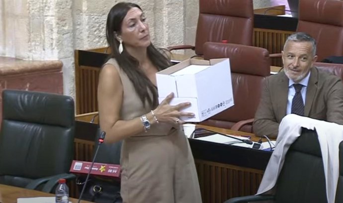 La consejera de Inclusión Social, Juventud, Familias e Igualdad de la Junta de Andalucía, Loles López, con la caja con los expedientes de la Dependencia relativos a Córdoba.