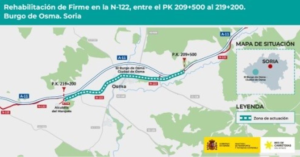 Transportes adjudica por 549.485 euros la rehabilitación de un tramo de 10 km de la N-122 en Burgo de Osma (So
