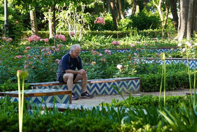 Archivo - Un hombre descansa en un banco del Parque de Maria Luisa,.