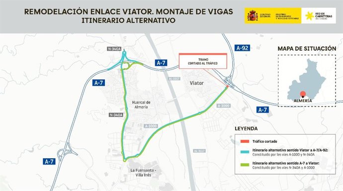 Mapa del itinerario alternativo durante los cortes nocturnos por las obras del enlace entre la A-7 y la A-92 en Viator (Almería).