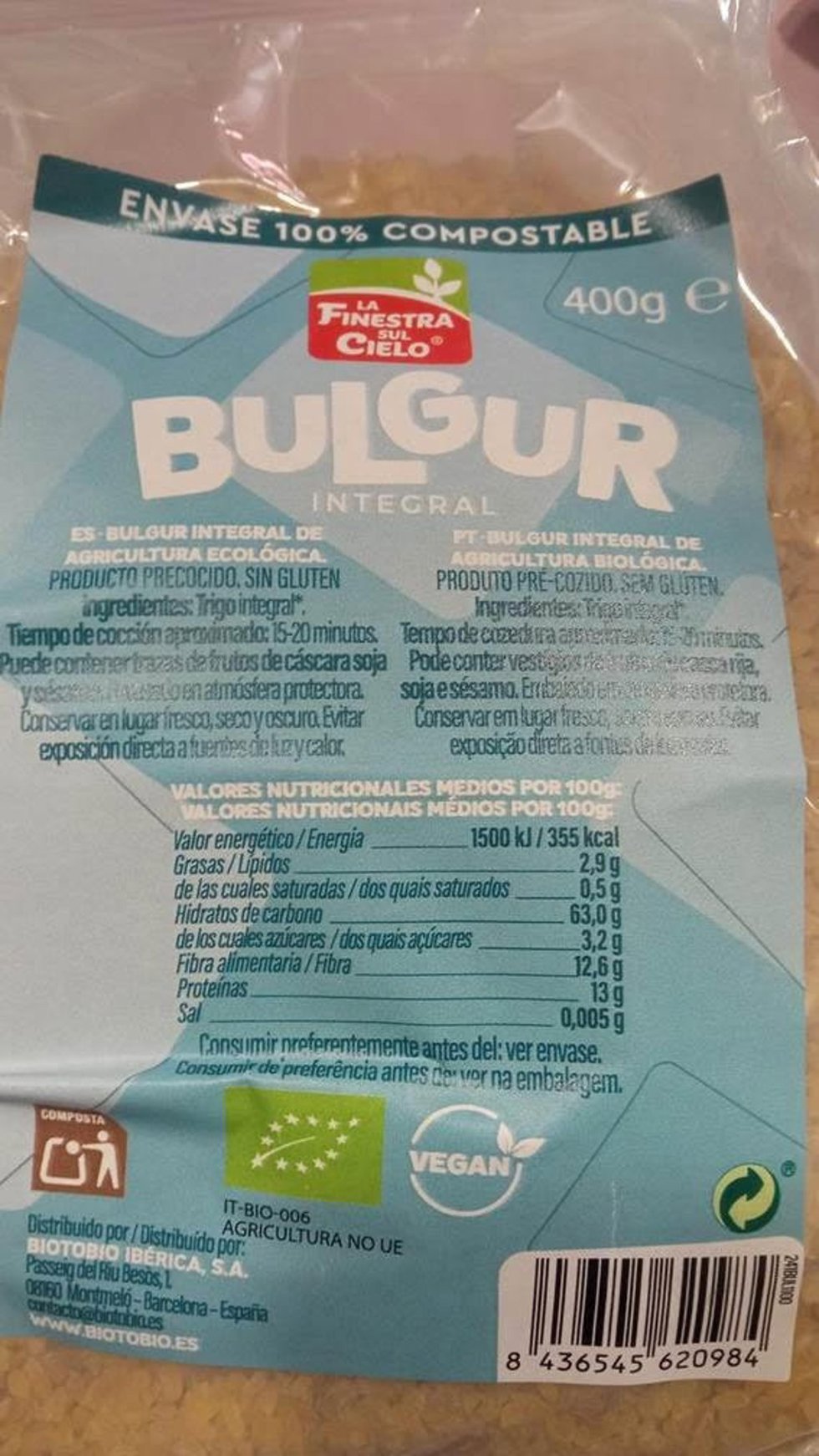 Consumo alerta por presencia de gluten sin etiquetar en bulgur integral ecológico de la marca La Finestra Sul Cielo