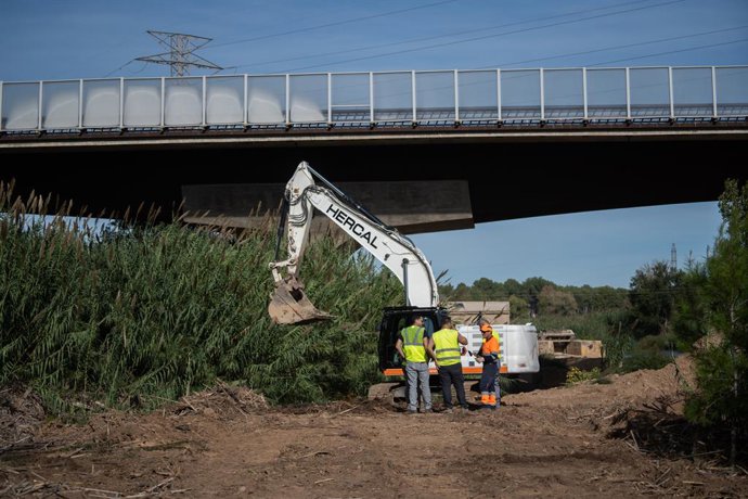 Diversos treballadors en la zona del Turia junt amb Manises on es va trobar el cos de Javier, desaparegut en pedralba el dia de la dana