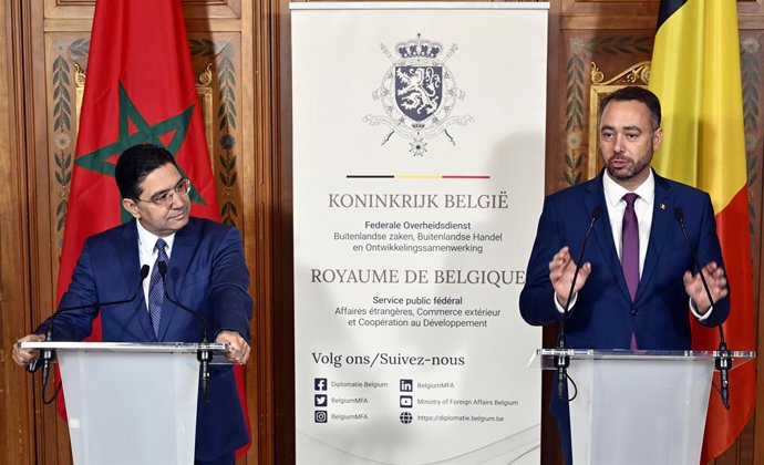 October 23, 2025, Brussels, Belgium: Morocco Minister of Foreign Affairs and International Cooperation Nasser Bourita and Vice-prime minister and Minister of Foreign Affairs Maxime Prevot pictured during the signing of an agreement between Belgium and Mor