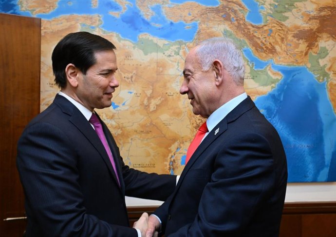O primeiro-ministro de Israel, Benjamin Netanyahu, recebe o secretário de Estado dos EUA, Marco Rubio