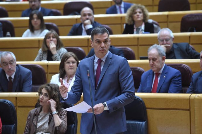Archivo - El presidente del Gobierno, Pedro Sánchez, durante una sesión de control al Gobierno, en el Senado, a 12 de marzo de 2024, en Madrid (España). 