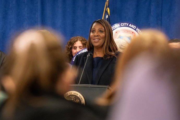 October 21, 2025, New York, New York, United States: State Attorney General Letitia James speaks surrounded by union Construction and General Building Laborers Local 79 members during press briefing as she announced .5 million settlement with Alba Service