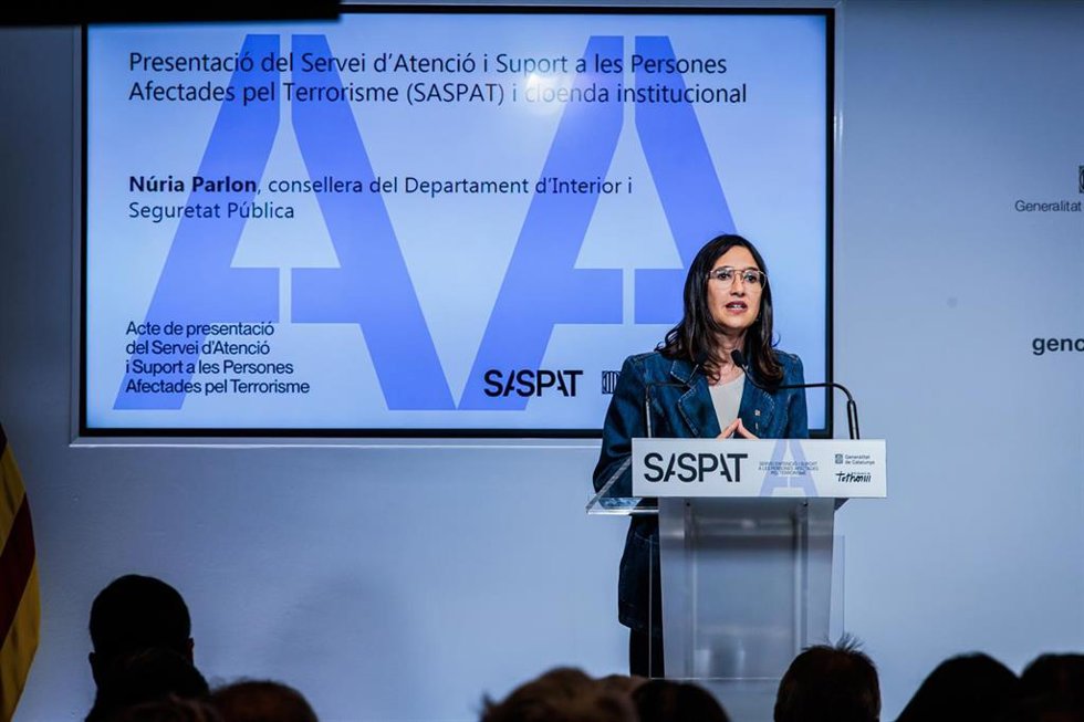 La consellera de Interior y Seguridad Pública, Núria Parlon, en la presentación del Servei d'Atenció i Suport a les Persones Afectades pel Terrorisme (SASPAT)