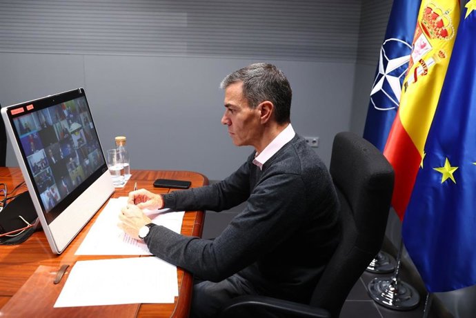El presidente del Gobierno, Pedro Sánchez, durante la reunión de la Coalición de Voluntarios celebrada este viernes en Londres (Reino Unido).
