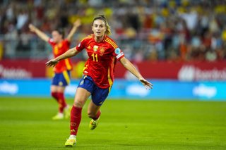 Alexia Putellas of Spain celebrates a goal during the UEFA Women's Nations League 2025 Semi-Final first leg match between Spain and Sweden at La Rosaleda Stadium on October 24, 2025 in Malaga, Spain