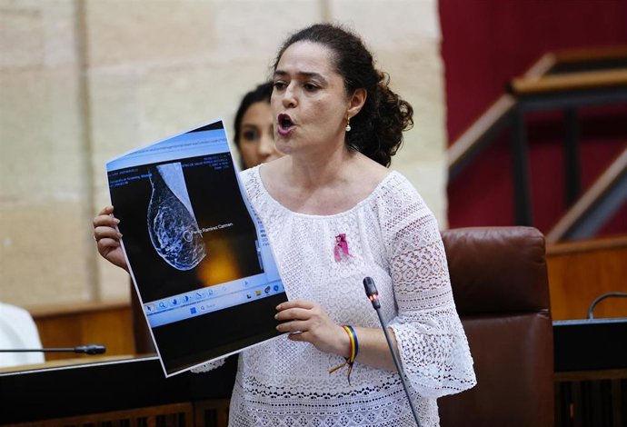 La portavoz del Grupo Por Andalucía, Inmaculada Nieto, interviene durante la sesión de control en el pleno del Parlamento andaluz. A 23 de octubre de 2025, en Sevilla (Andalucía, España). 