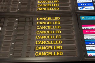 October 14, 2025, Brussels, Belgium: Cancelled flights at Brussels Airport pictured during a national strike in Zaventem. All departing flights are cancelled as part of a national day of action to protest against the federal government's austerity measure