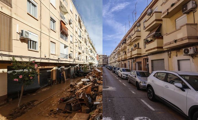 Comparativa entre el antes y el después del paso de la dana del 29 de octubre de 2024 en una calle de Paiporta en Valencia.    Rober Solsona / Europa Press 01 NOVIEMBRE 2024;DANA;CATASTROFE;FALLECIDOS;ROBER SOLSONA;CATEGORY_CODE_NEW 24/10/2025
