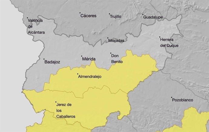 Zonas de Extremadura que permanecerán este domingo en alerta amarilla por lluvias y tormentas