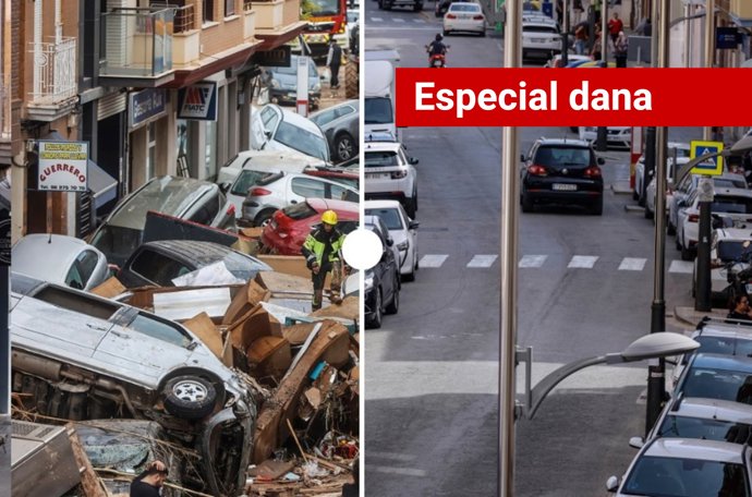  Una calle de Sedaví (Valencia) tras la dana y en la actualidad