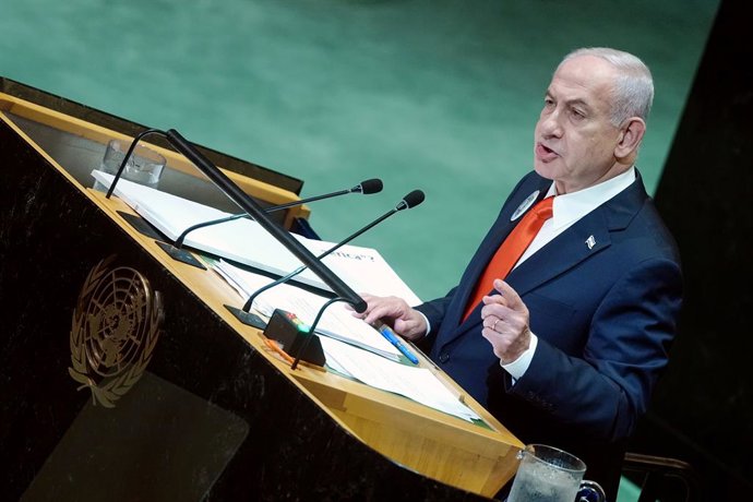 26 de setembro de 2025, EUA, Nova York: O primeiro-ministro de Israel, Benjamin Netanyahu, fala durante o debate geral da Assembleia Geral da ONU na sede da ONU em Nova York. Foto: Kay Nietfeld/dpa