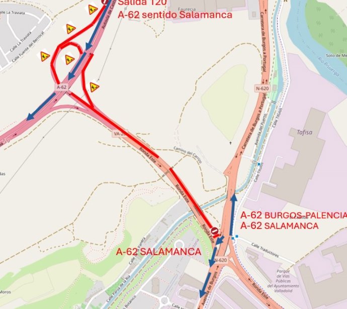 Este lunes se cortará la intersección A-62/Avenida de Burgos y la salida enlace con la A-62 Palencia-Burgos-Salamanca y entrada 120 de la A-62 en calzada derecha sentido Salamanca