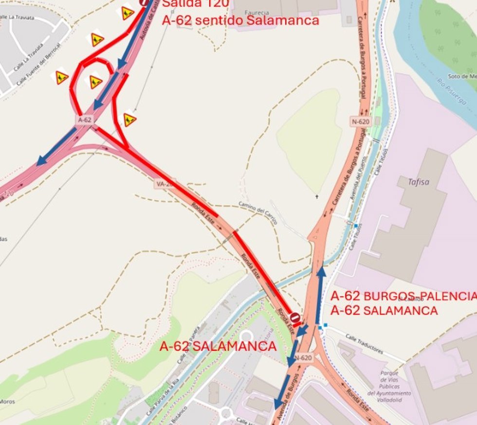 Este lunes se cortará la intersección A-62/Avenida de Burgos y la salida enlace con la A-62 Palencia-Burgos-Salamanca y entrada 120 de la A-62 en calzada derecha sentido Salamanca